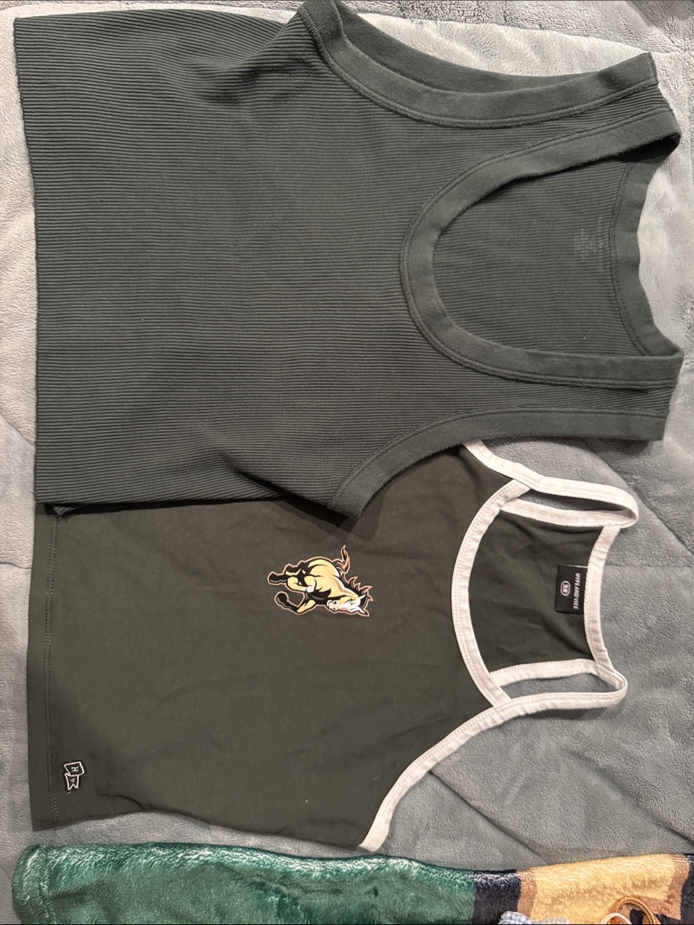 Women’s Dark Green Ribbed & Graphic Tank Tops - 2 Pack